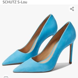 Schutz S-Lou Nubuck True Blue Turquoise suede pointed toe pumps stilleto heels